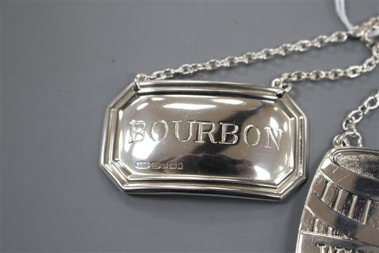 A pair of modern silver wine labels, Scotch & Bourbon, Birmingham, 2002 ( no date letter) and one other.